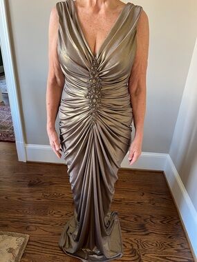 Tadashi Shoji Gold/taupe Metallic Ruched V-Neck Embellished Maxi Dress